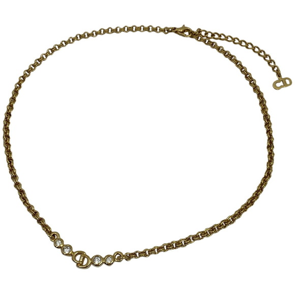 Christian Dior Logo Rhinestone Necklace CD GP Gold - Picture 1 of 4